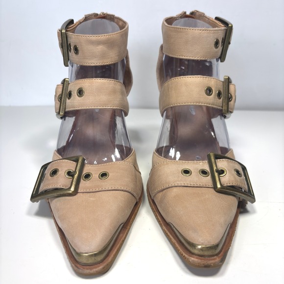 Free People x Jeffrey Campbell Nude Leather Strappy Block Heel Booties Size 8 - Picture 3 of 13
